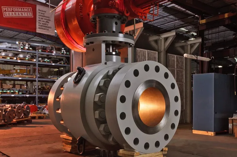 Large trunnion ball valve copper bore flanged carbon steel body warehouse