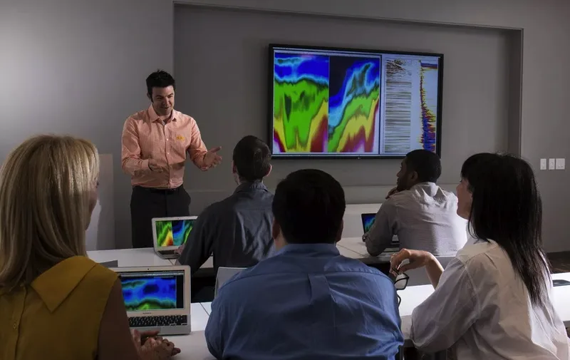 corporate presenter addressing seated team with colorful data on large display