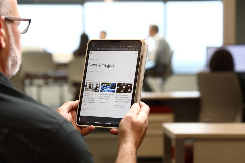 Corporate professional reviewing digital content on tablet in open workspace