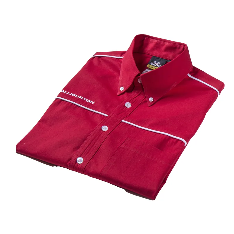 GLIDE 548 folded red button-down shirt white contrast piping Halliburton embroidery