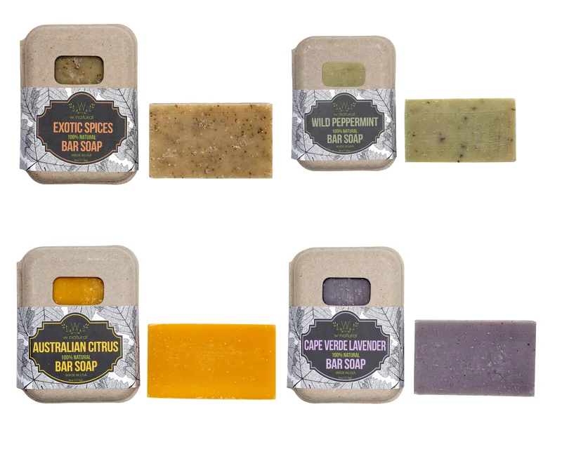 handmade soap bars four natural scented varieties kraft paper box packaging